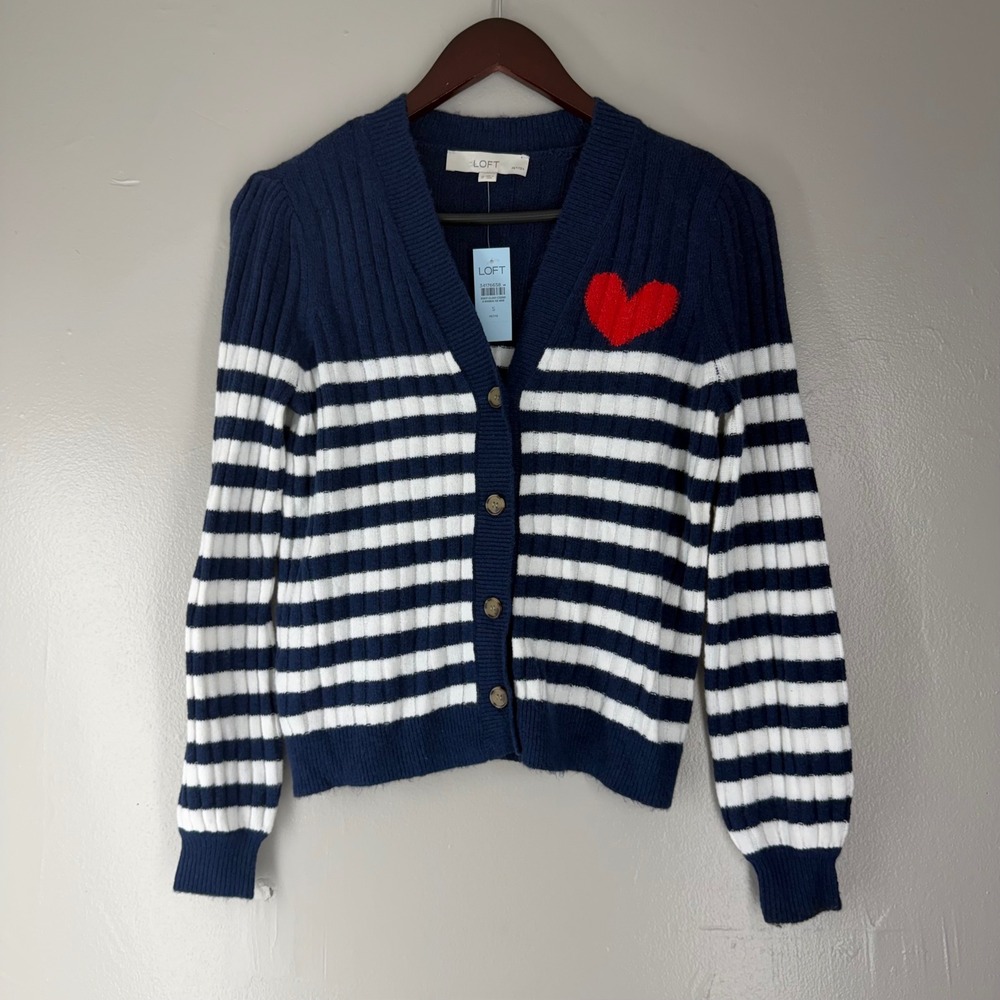 LOFT Petites Navy White Striped Heart Cardigan Sweater Small Petite NWT